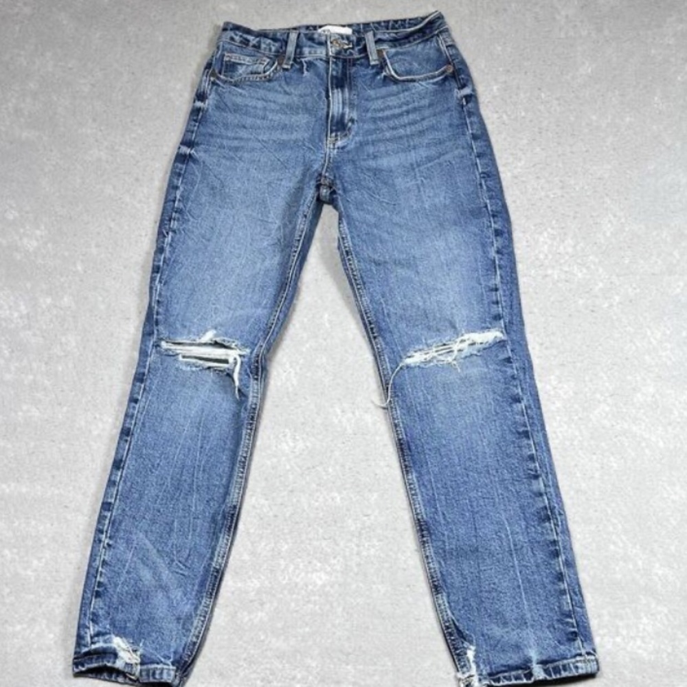 Zara Jeans Womens 6 Blue Cotton Straight Leg Regular Fit Distressed Denim